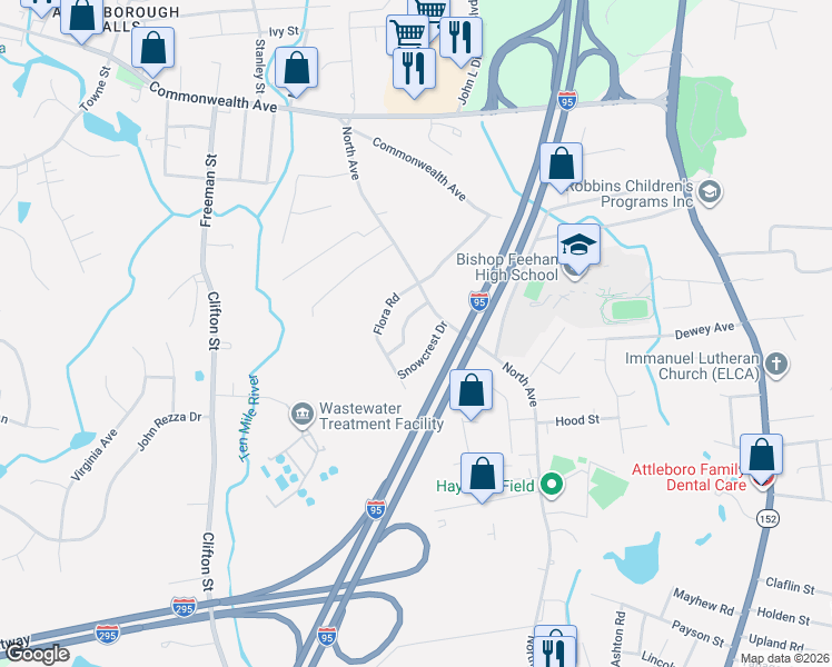 map of restaurants, bars, coffee shops, grocery stores, and more near 5 Snowcrest Drive in Attleboro