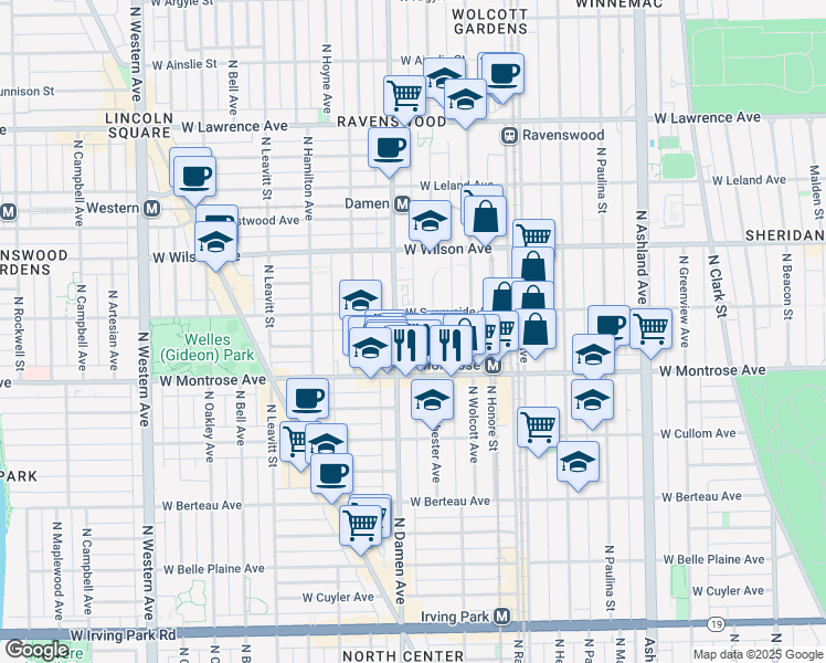 map of restaurants, bars, coffee shops, grocery stores, and more near 4430 North Winchester Avenue in Chicago