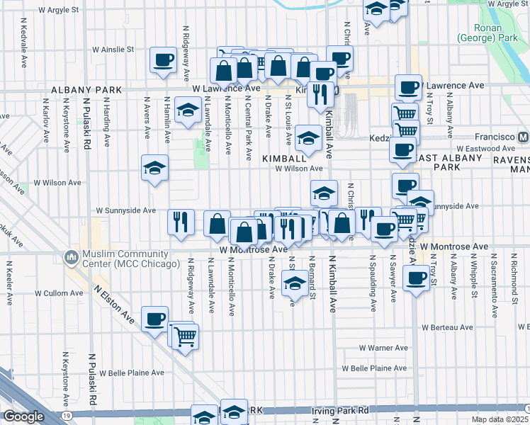 map of restaurants, bars, coffee shops, grocery stores, and more near 3543 West Sunnyside Avenue in Chicago