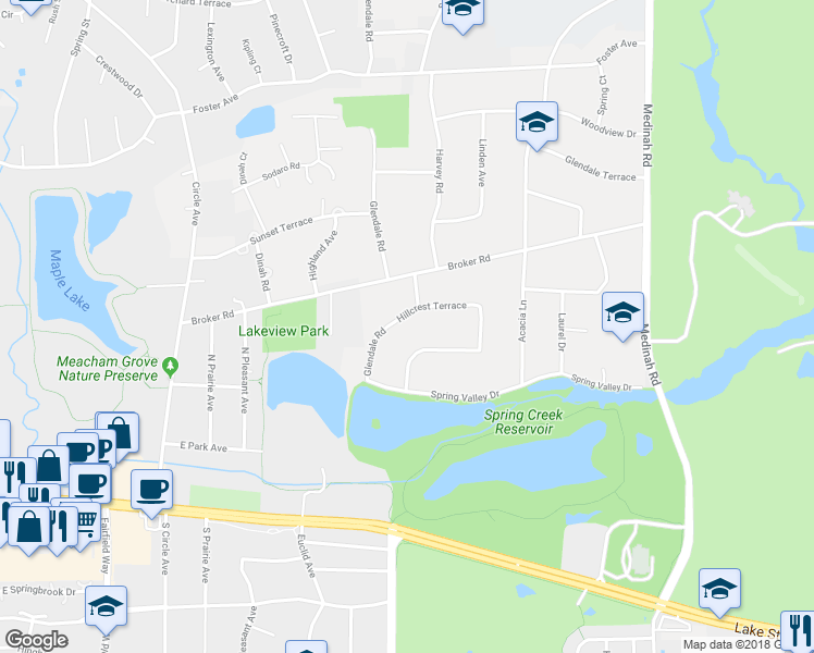 map of restaurants, bars, coffee shops, grocery stores, and more near 22W381 Hillcrest Terrace in Medinah