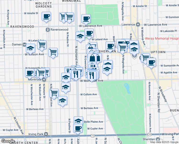 map of restaurants, bars, coffee shops, grocery stores, and more near 4435 North Greenview Avenue in Chicago