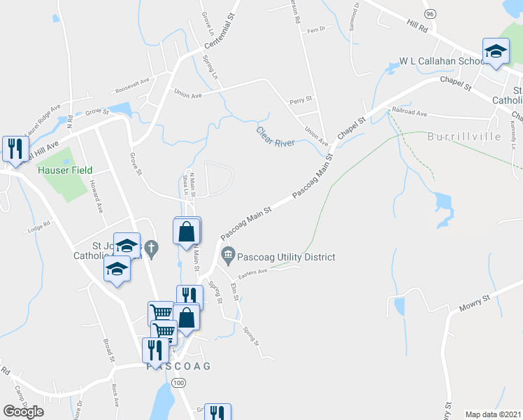 map of restaurants, bars, coffee shops, grocery stores, and more near 370 Pascoag Main Street in Burrillville