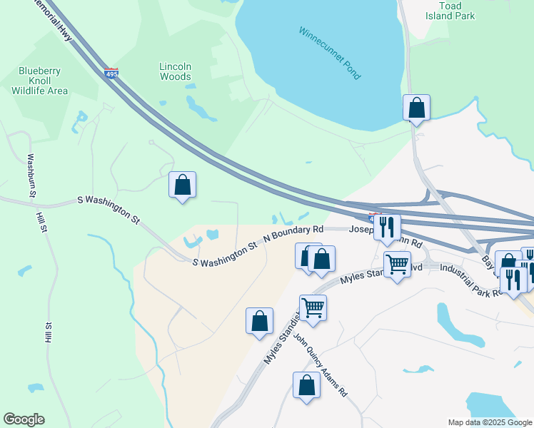 map of restaurants, bars, coffee shops, grocery stores, and more near 280 North Boundary Road in Norton