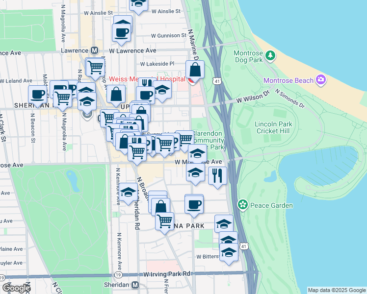 map of restaurants, bars, coffee shops, grocery stores, and more near 825 West Agatite Avenue in Chicago