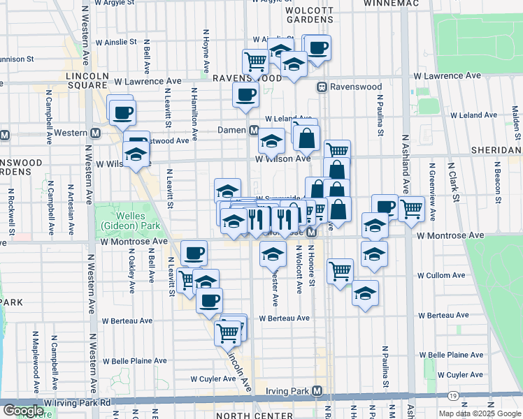 map of restaurants, bars, coffee shops, grocery stores, and more near 4430 North Winchester Avenue in Chicago