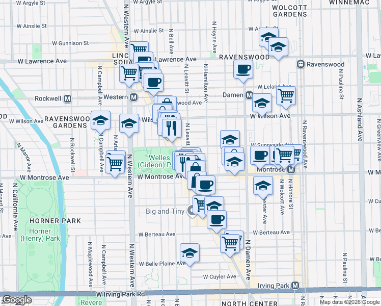 map of restaurants, bars, coffee shops, grocery stores, and more near 4437 North Leavitt Street in Chicago