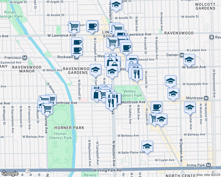 map of restaurants, bars, coffee shops, grocery stores, and more near 4440 North Western Avenue in Chicago