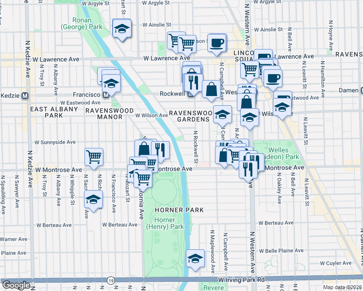 map of restaurants, bars, coffee shops, grocery stores, and more near 2620 West Agatite Avenue in Chicago