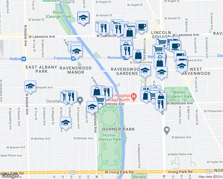 map of restaurants, bars, coffee shops, grocery stores, and more near 2712 West Agatite Avenue in Chicago
