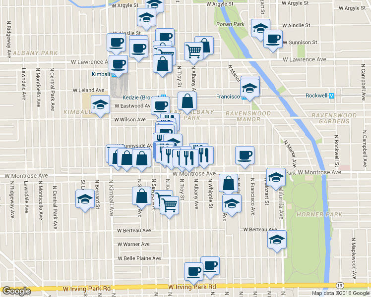 map of restaurants, bars, coffee shops, grocery stores, and more near 4445 North Troy Street in Chicago