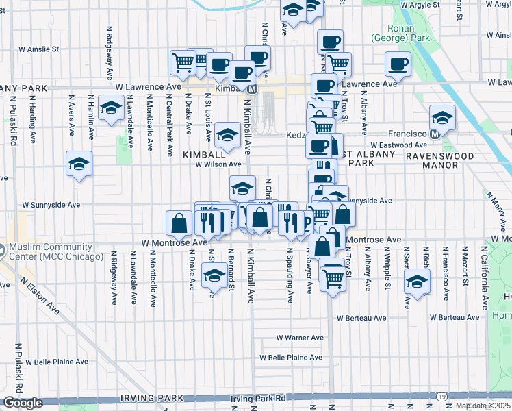 map of restaurants, bars, coffee shops, grocery stores, and more near 4442 North Christiana Avenue in Chicago