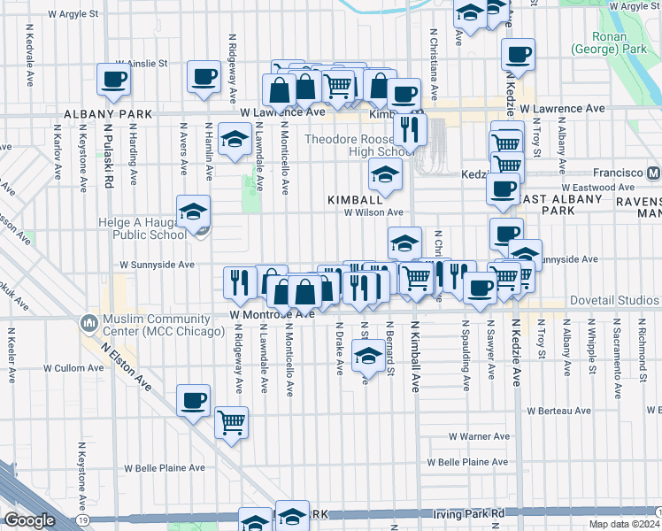 map of restaurants, bars, coffee shops, grocery stores, and more near 4446 North Drake Avenue in Chicago