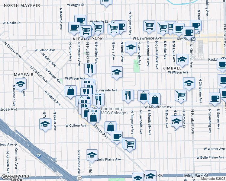 map of restaurants, bars, coffee shops, grocery stores, and more near 4452 North Avers Avenue in Chicago