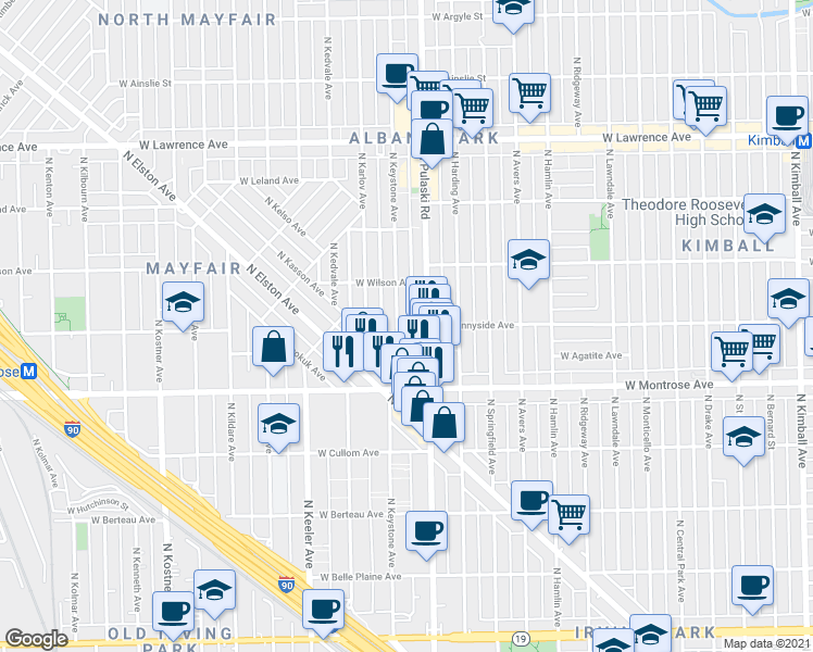 map of restaurants, bars, coffee shops, grocery stores, and more near 4451 North Keystone Avenue in Chicago
