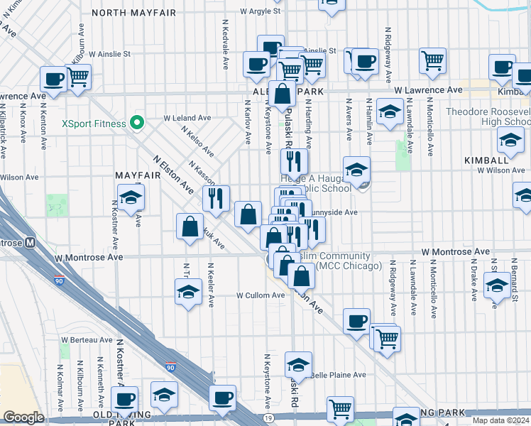 map of restaurants, bars, coffee shops, grocery stores, and more near 4451 North Keystone Avenue in Chicago