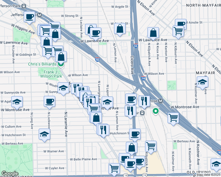 map of restaurants, bars, coffee shops, grocery stores, and more near 4939 West Sunnyside Avenue in Chicago