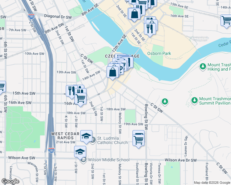 map of restaurants, bars, coffee shops, grocery stores, and more near 130 17th Avenue Southwest in Cedar Rapids