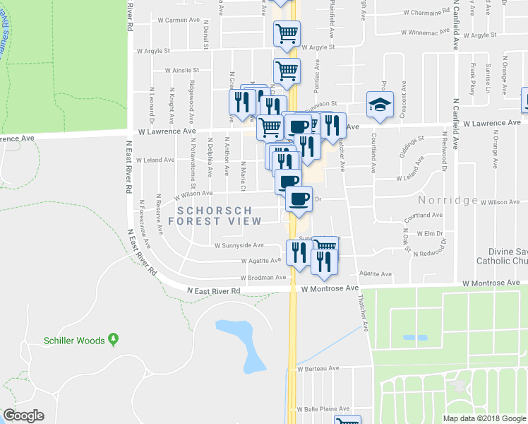 map of restaurants, bars, coffee shops, grocery stores, and more near 8441 W Windsor Ave in Chicago