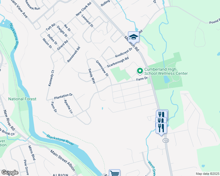 map of restaurants, bars, coffee shops, grocery stores, and more near 9 Oakridge Drive in Cumberland