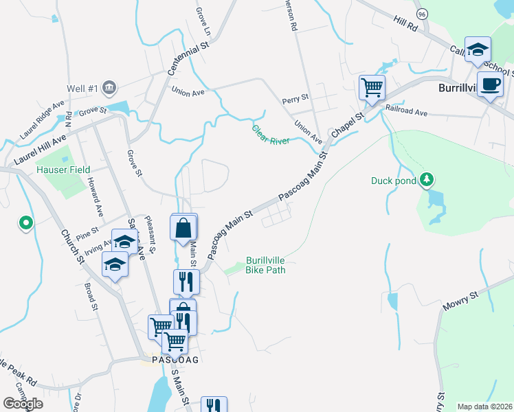 map of restaurants, bars, coffee shops, grocery stores, and more near 370 Pascoag Main Street in Burrillville