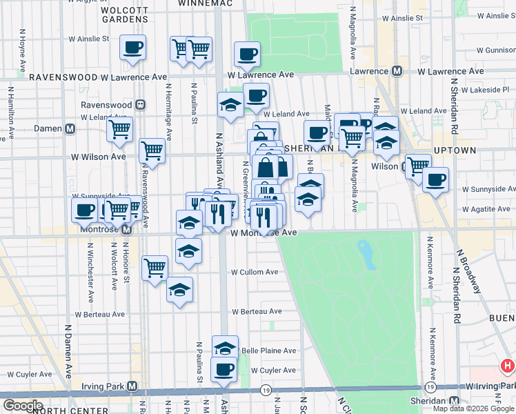 map of restaurants, bars, coffee shops, grocery stores, and more near 4441 North Greenview Avenue in Chicago