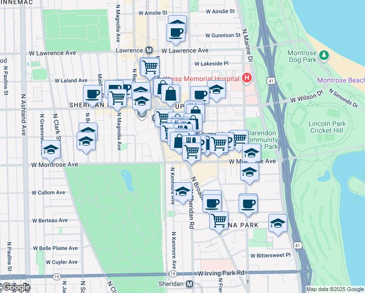 map of restaurants, bars, coffee shops, grocery stores, and more near 4427 North Broadway in Chicago