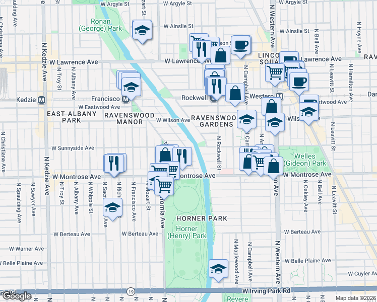 map of restaurants, bars, coffee shops, grocery stores, and more near 2712 West Agatite Avenue in Chicago
