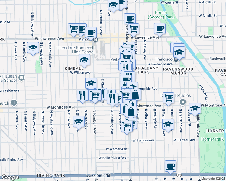 map of restaurants, bars, coffee shops, grocery stores, and more near 4457 North Spaulding Avenue in Chicago