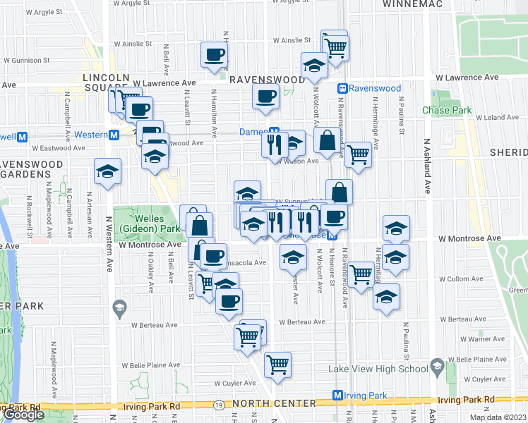 map of restaurants, bars, coffee shops, grocery stores, and more near 4440 North Damen Avenue in Chicago