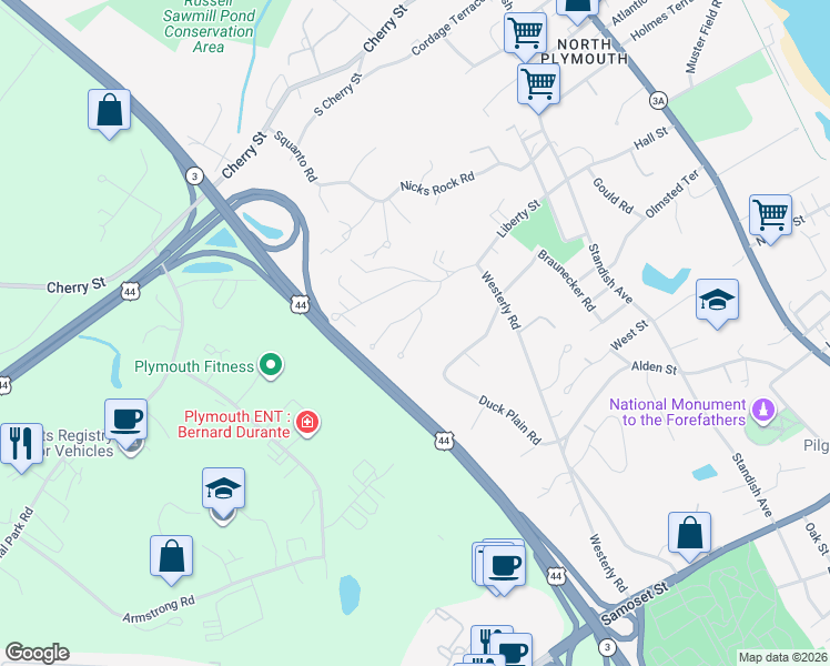 map of restaurants, bars, coffee shops, grocery stores, and more near Oak Ridge Rd in Plymouth