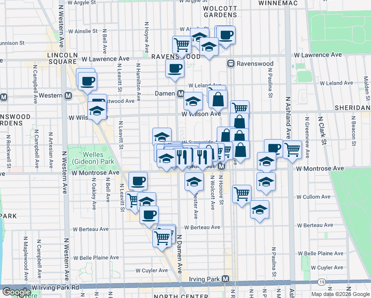 map of restaurants, bars, coffee shops, grocery stores, and more near 4430 North Winchester Avenue in Chicago