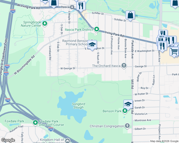map of restaurants, bars, coffee shops, grocery stores, and more near 308 Irving Park Road in Itasca