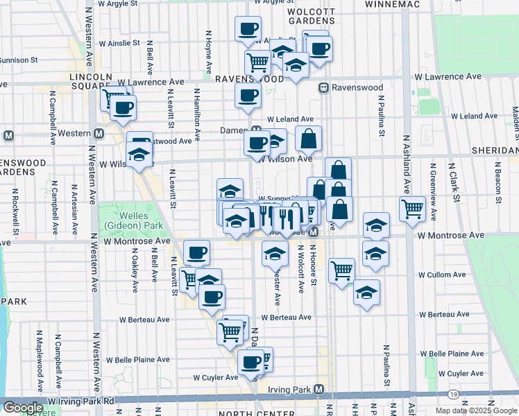 map of restaurants, bars, coffee shops, grocery stores, and more near 4441 North Damen Avenue in Chicago