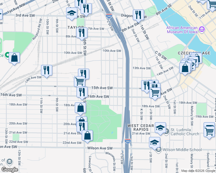 map of restaurants, bars, coffee shops, grocery stores, and more near 1504 N Street Southwest in Cedar Rapids