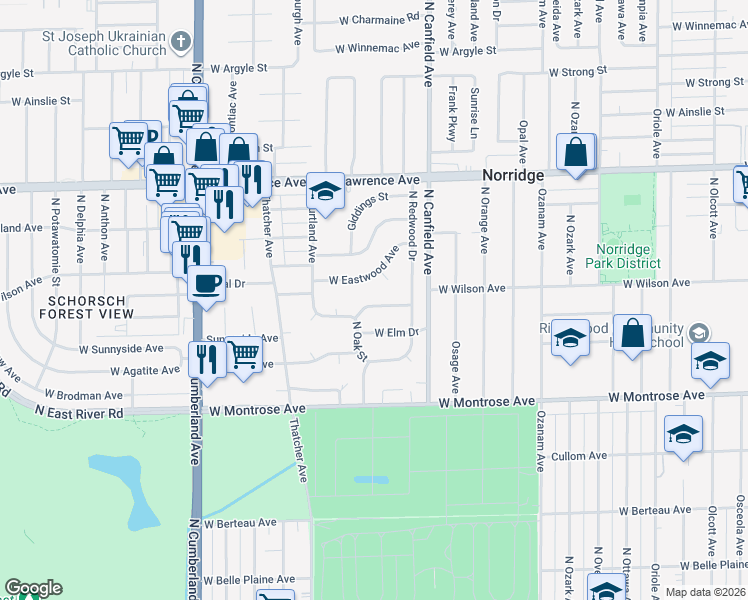 map of restaurants, bars, coffee shops, grocery stores, and more near 8019 West Courtland Avenue in Norridge