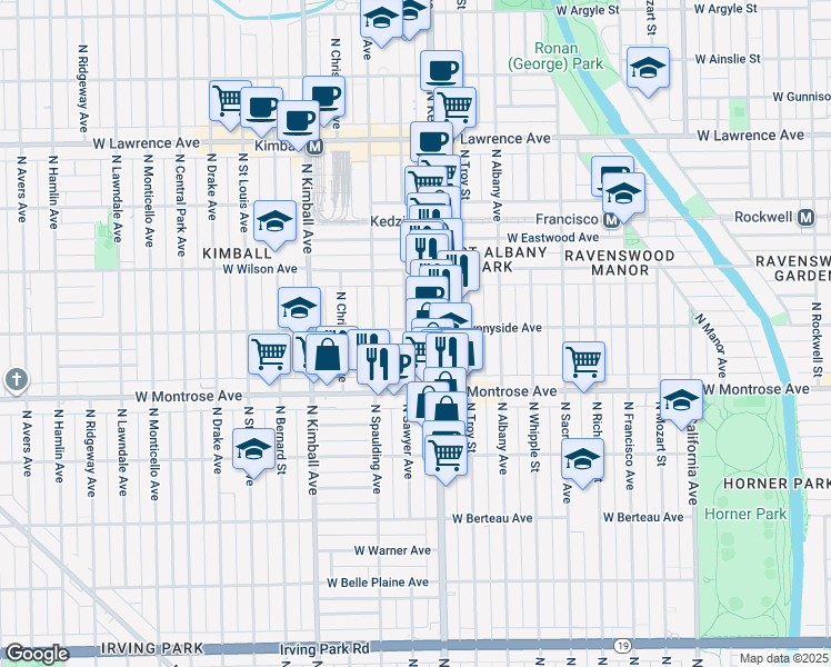 map of restaurants, bars, coffee shops, grocery stores, and more near 4456 North Kedzie Avenue in Chicago