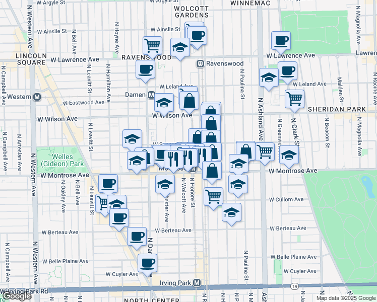 map of restaurants, bars, coffee shops, grocery stores, and more near 4447 North Wolcott Avenue in Chicago