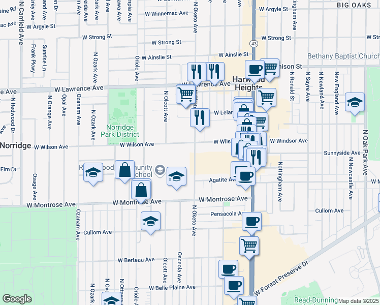 map of restaurants, bars, coffee shops, grocery stores, and more near 7401 West Wilson Avenue in Chicago