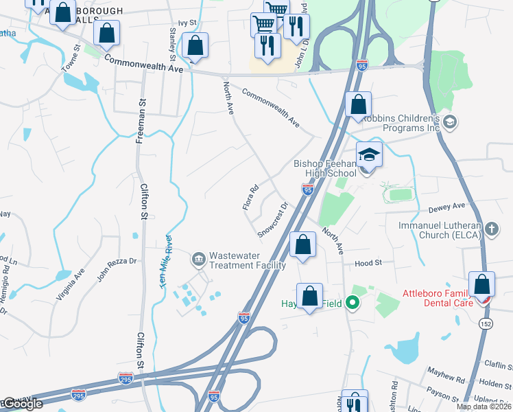 map of restaurants, bars, coffee shops, grocery stores, and more near 50 Flora Road in Attleboro