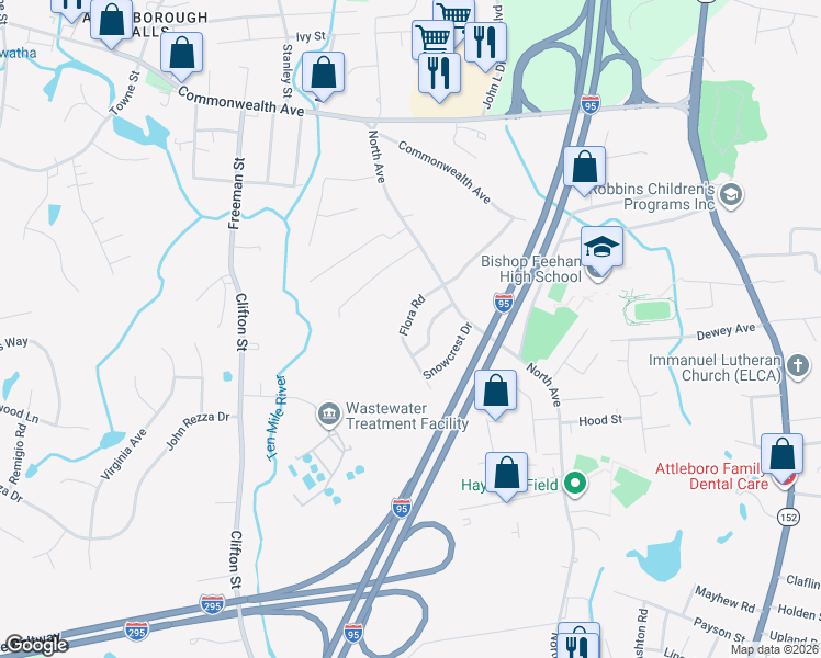 map of restaurants, bars, coffee shops, grocery stores, and more near 50 Flora Road in Attleboro
