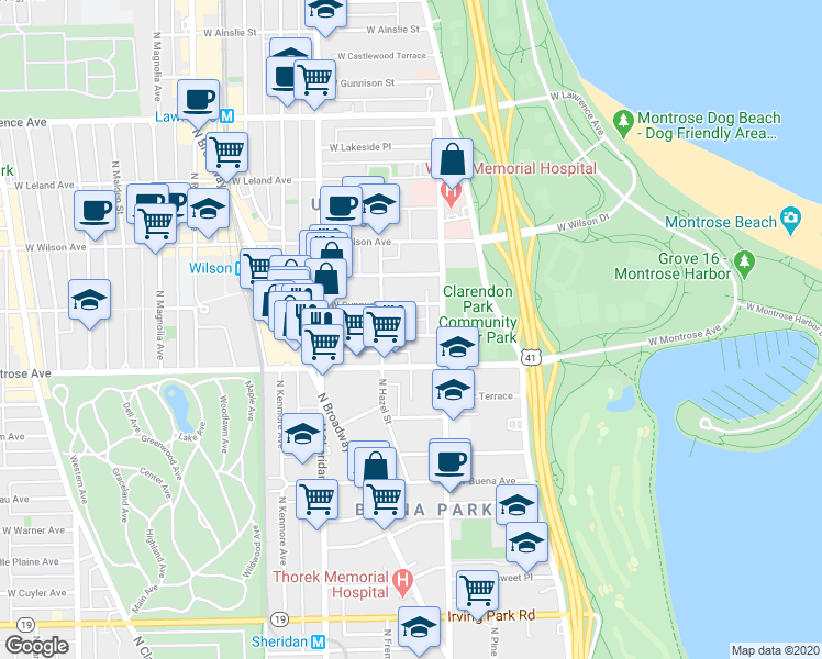 map of restaurants, bars, coffee shops, grocery stores, and more near 825 West Agatite Avenue in Chicago
