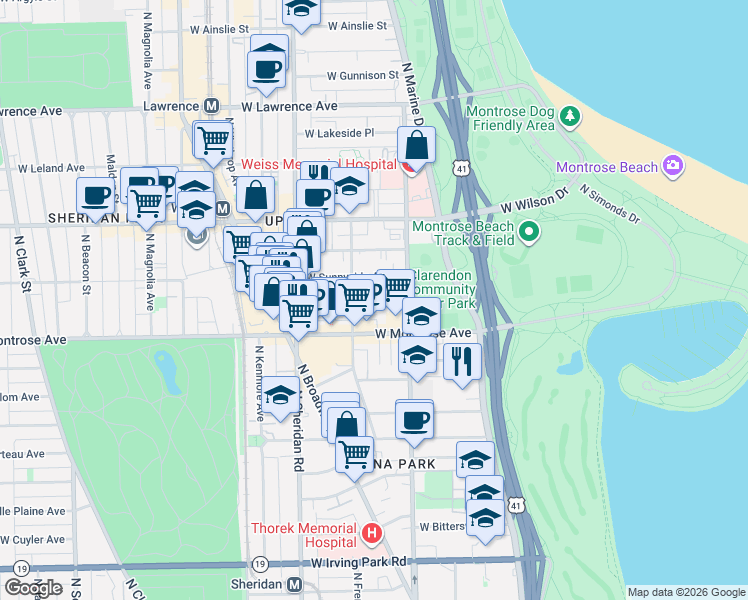 map of restaurants, bars, coffee shops, grocery stores, and more near 825 West Agatite Avenue in Chicago