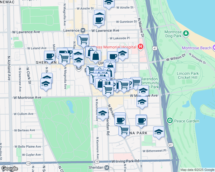 map of restaurants, bars, coffee shops, grocery stores, and more near 941 West Agatite Avenue in Chicago
