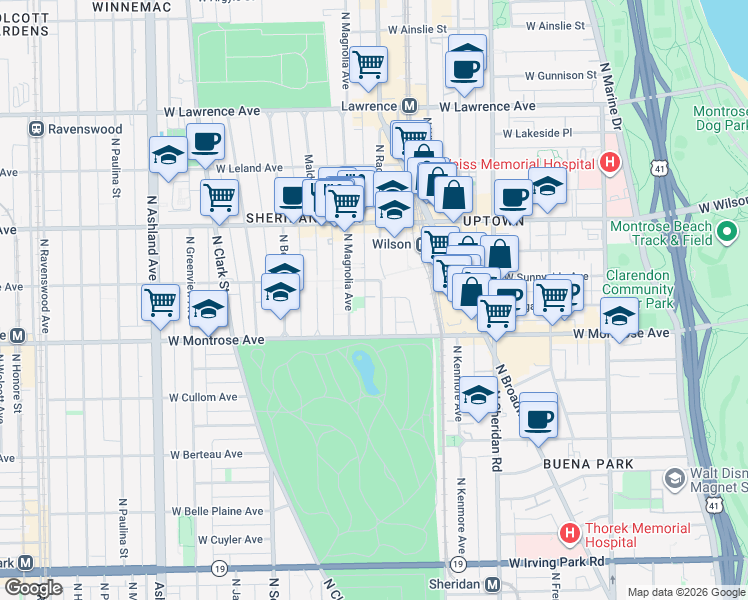 map of restaurants, bars, coffee shops, grocery stores, and more near 4422 North Racine Avenue in Chicago