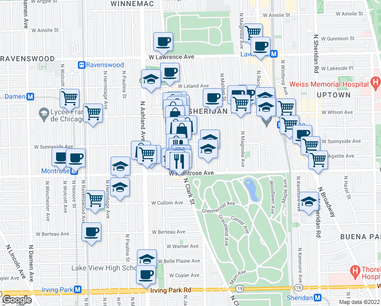 map of restaurants, bars, coffee shops, grocery stores, and more near 4415 North Clark Street in Chicago