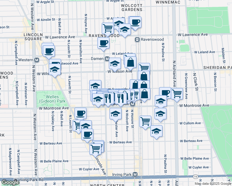 map of restaurants, bars, coffee shops, grocery stores, and more near 4430 North Winchester Avenue in Chicago