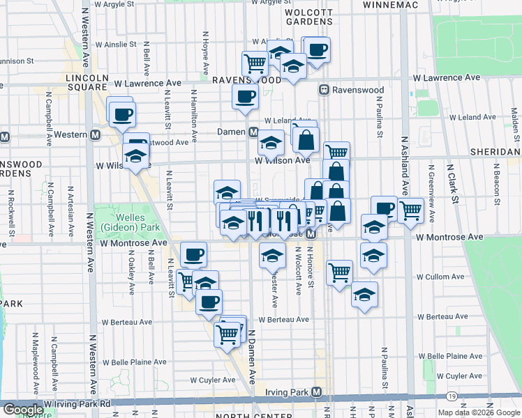 map of restaurants, bars, coffee shops, grocery stores, and more near 4430 North Winchester Avenue in Chicago