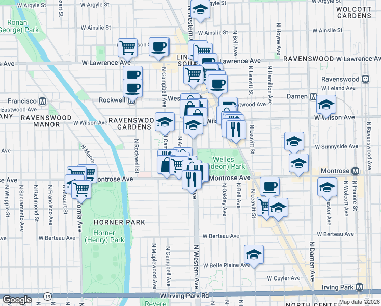 map of restaurants, bars, coffee shops, grocery stores, and more near 4440 North Western Avenue in Chicago