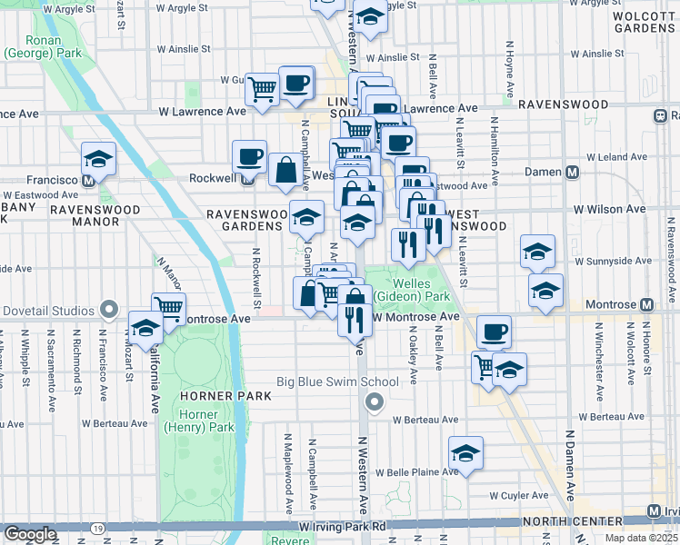 map of restaurants, bars, coffee shops, grocery stores, and more near 4438 North Artesian Avenue in Chicago