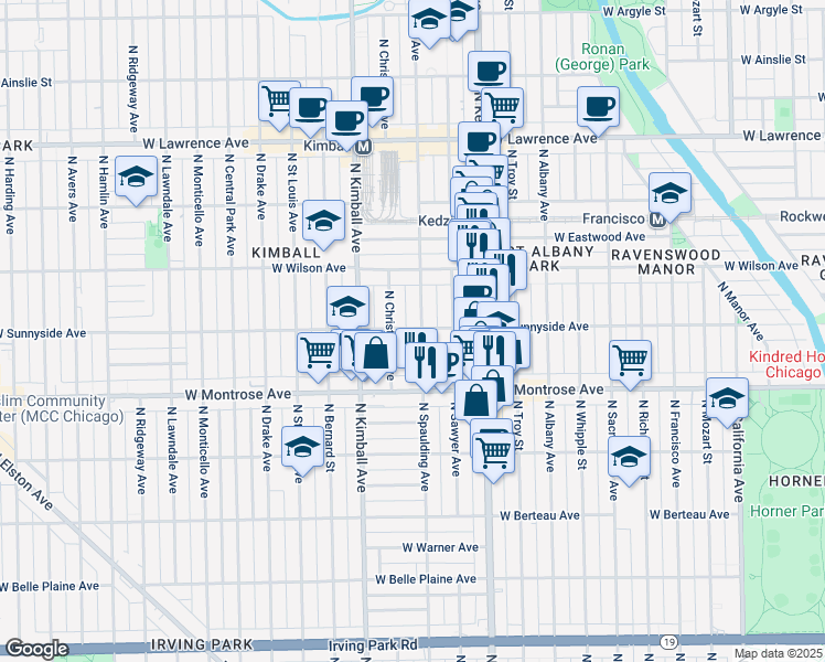 map of restaurants, bars, coffee shops, grocery stores, and more near 4444 North Spaulding Avenue in Chicago